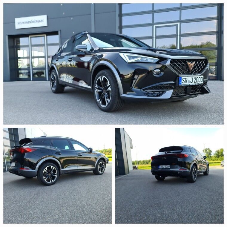Ein schwarzer Cupra Formentor SUV, aufgenommen von vorne, von der Seite und von hinten