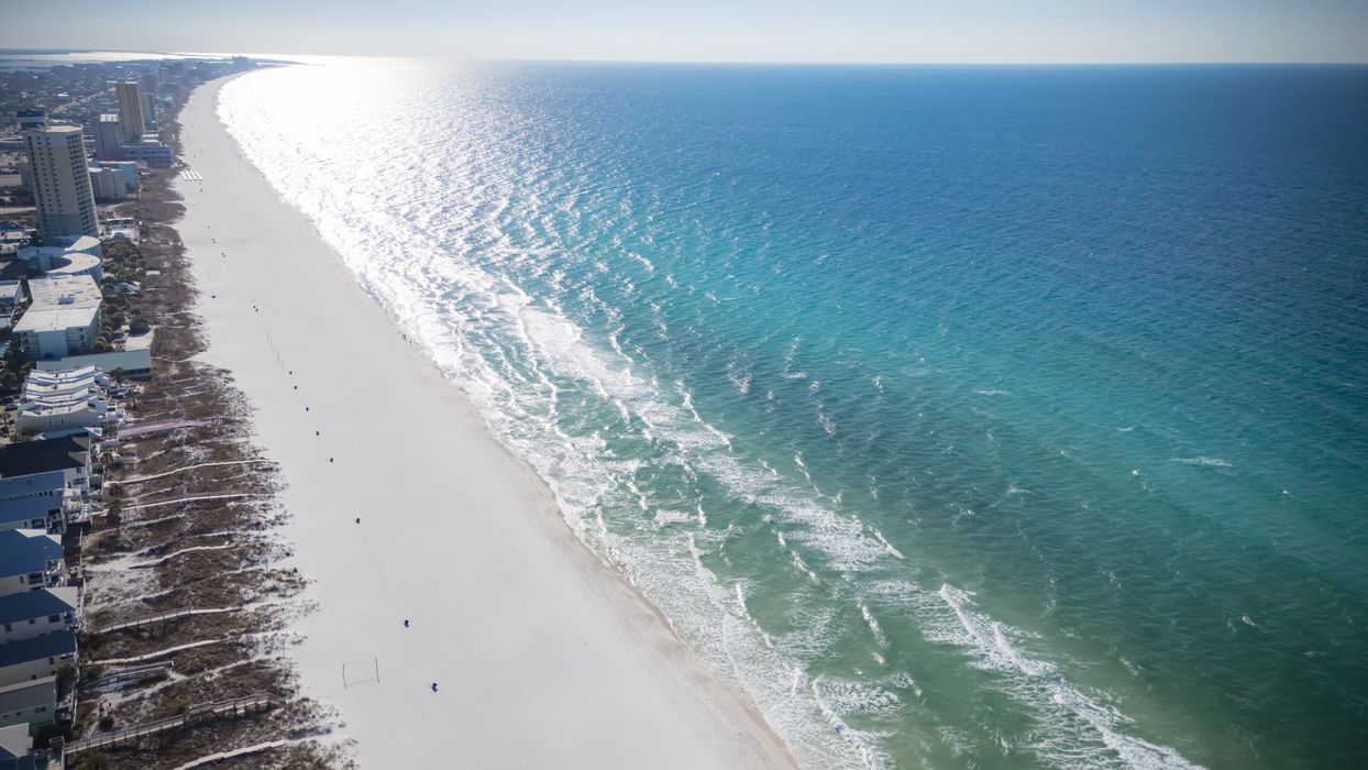 Aerial drone view of Panama City Beach shoreline near BG2 Vacations condos