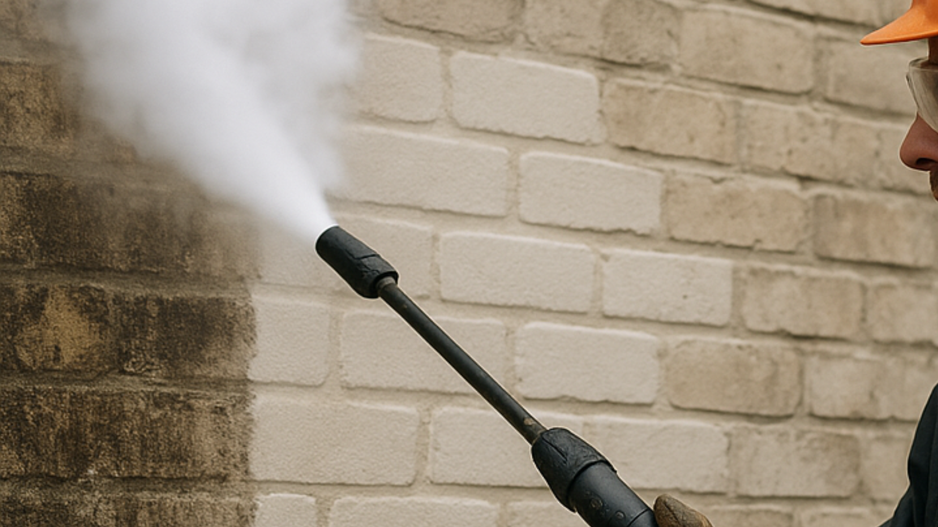 Une personne nettoie à haute pression un toit en tuiles rouges à côté d'une cheminée en briques et d'un puits de lumière.