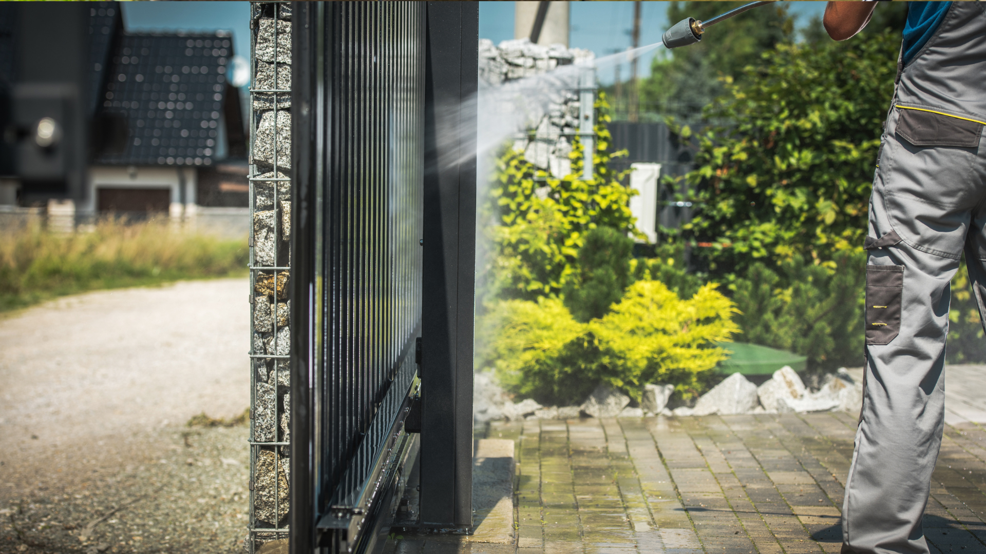 Un homme sur une échelle inspecte un toit de tuiles rouges avec un fleuron décoratif contre un ciel nuageux.