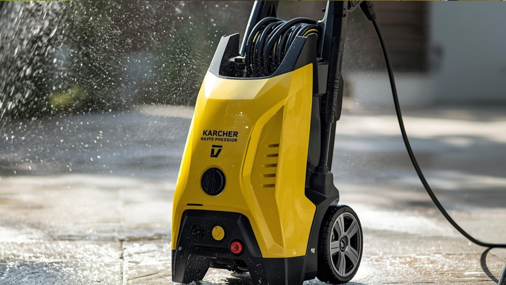 Une personne nettoie à haute pression un toit de tuiles rouges ; elle pulvérise de l'eau.