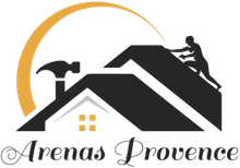 Logo d'une silhouette de maison avec une personne grimpant sur le toit, un croissant doré et les mots « Arenas Provence ».
