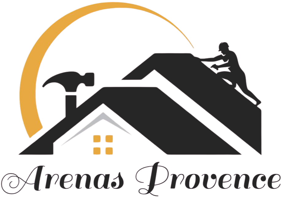 Logo : Maison noire avec arc doré, silhouette d'une personne escaladant un toit et marteau. Texte : « Arenas Provence ».