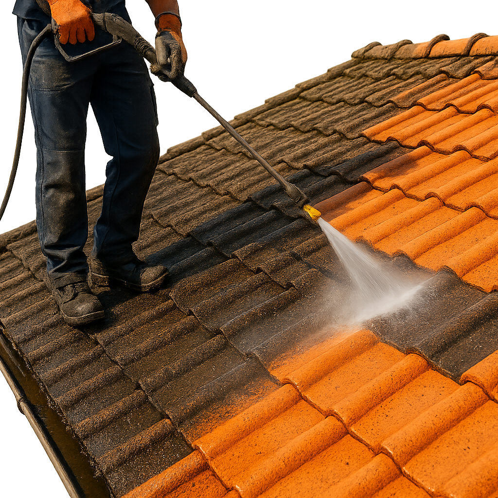 Une personne nettoie à haute pression un toit en tuiles ; elle enlève ainsi la saleté.