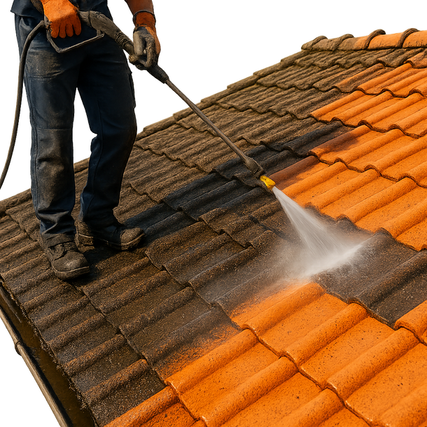 Une personne nettoie à haute pression un toit en tuiles ; elle enlève ainsi la saleté.