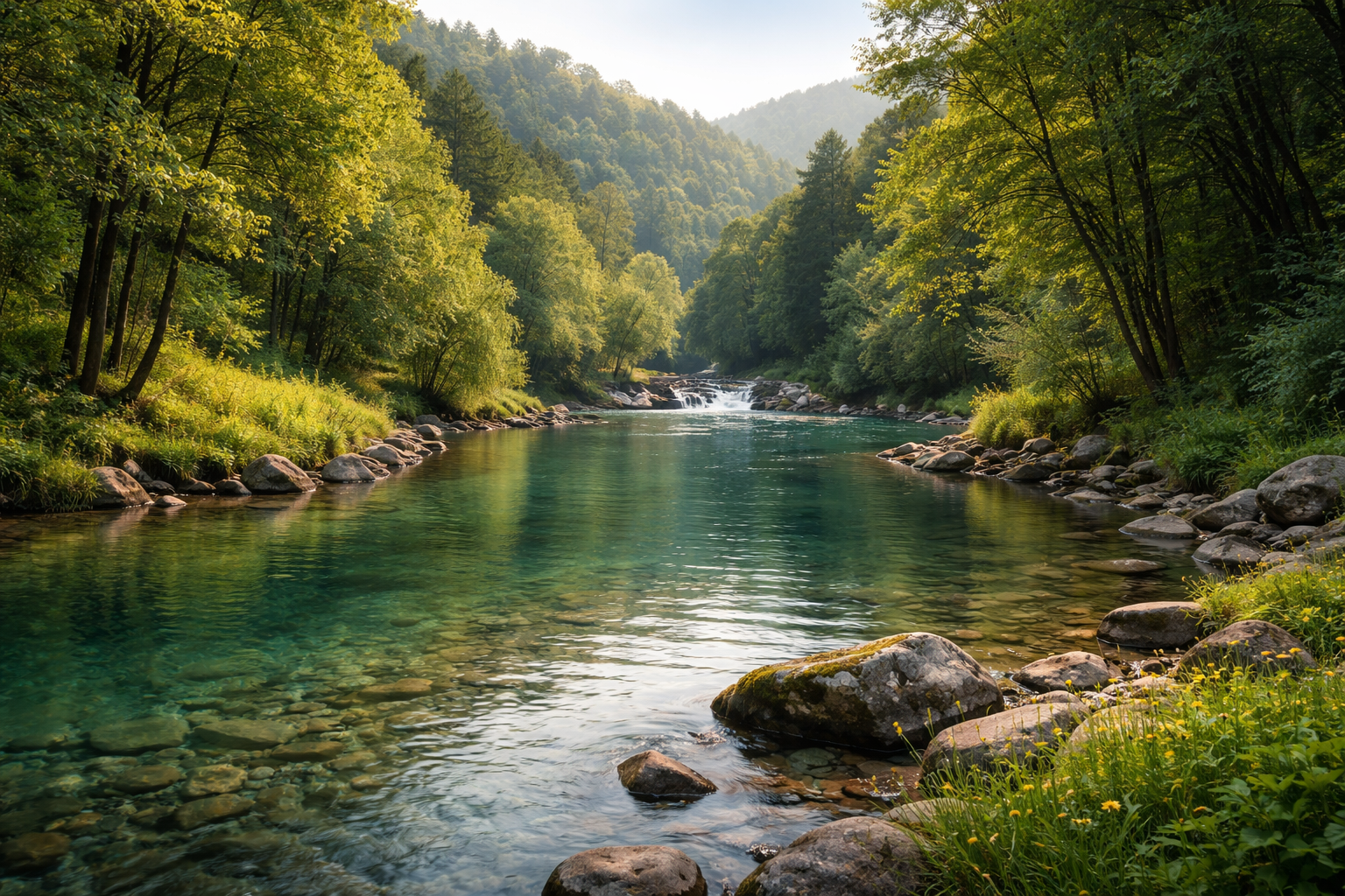 Un río cristalino de color turquesa fluye a través de un frondoso bosque verde, con la luz del sol filtrándose entre los árboles.