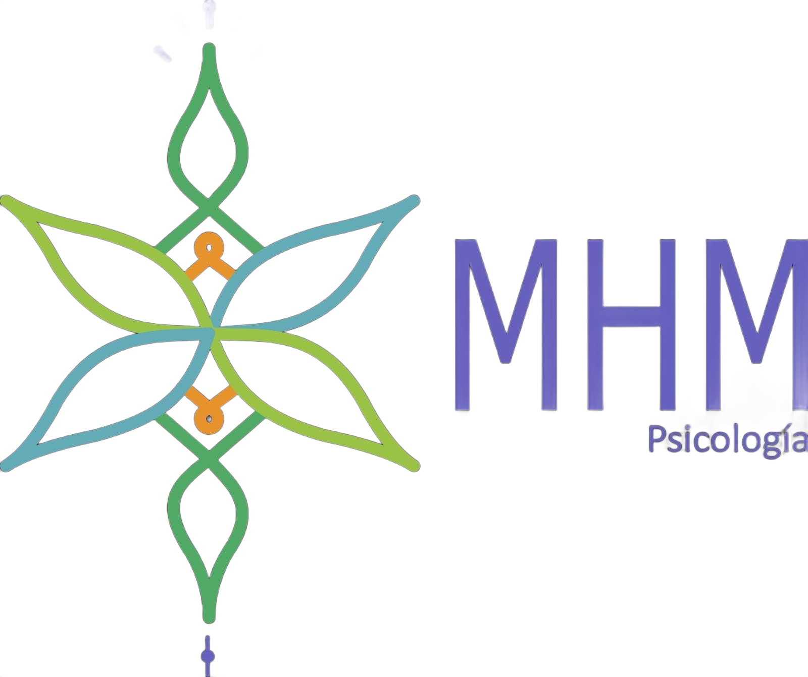Logotipo de "MHM Psicolog&iacute;a" con un dise&ntilde;o floral estilizado y sim&eacute;trico en verde y azul con detalles en naranja.