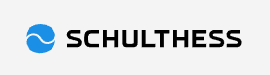 Logo von Schulthess, mit einem blauen Wellenmuster und schwarzem Text auf hellem Hintergrund.