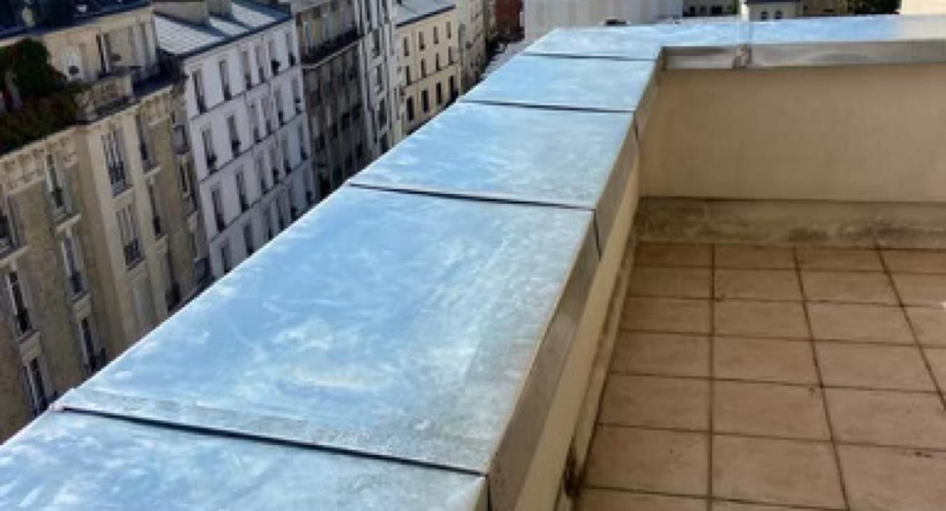 Solin métallique sur corniche de toit avec vue sur le bâtiment.