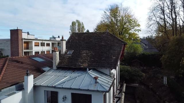 Toits et bâtiments avec des arbres en arrière-plan par une journée ensoleillée.