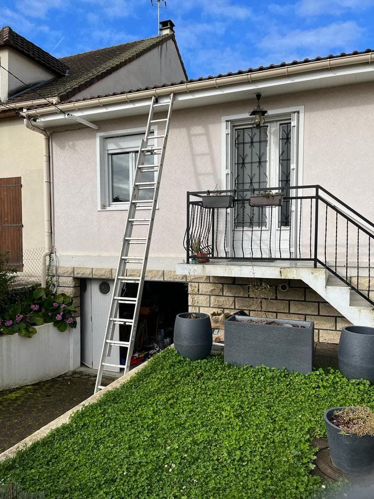 Échelle appuyée contre une maison claire. Végétation et plantes en pot au premier plan.