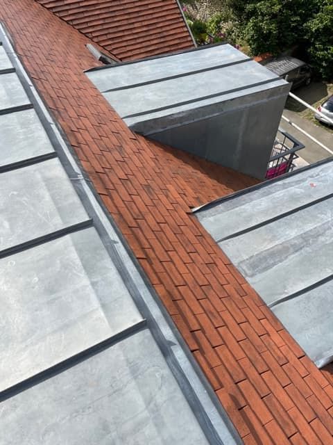 Gros plan sur une crête de toit en briques, bordée par une toiture métallique grise.