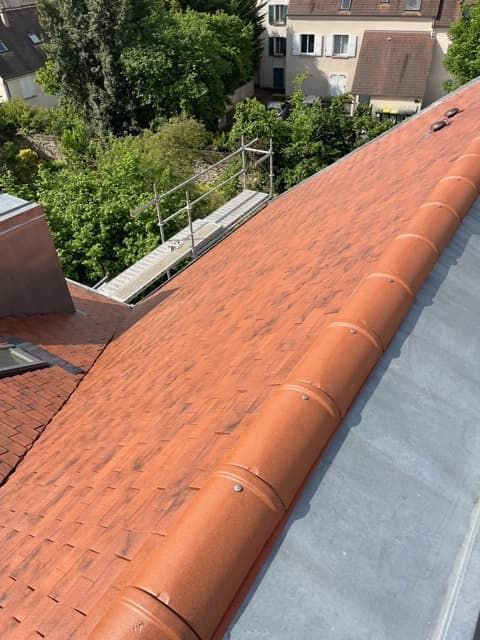Toit en tuiles rouges avec gouttière métallique, échafaudages et arbres en arrière-plan.