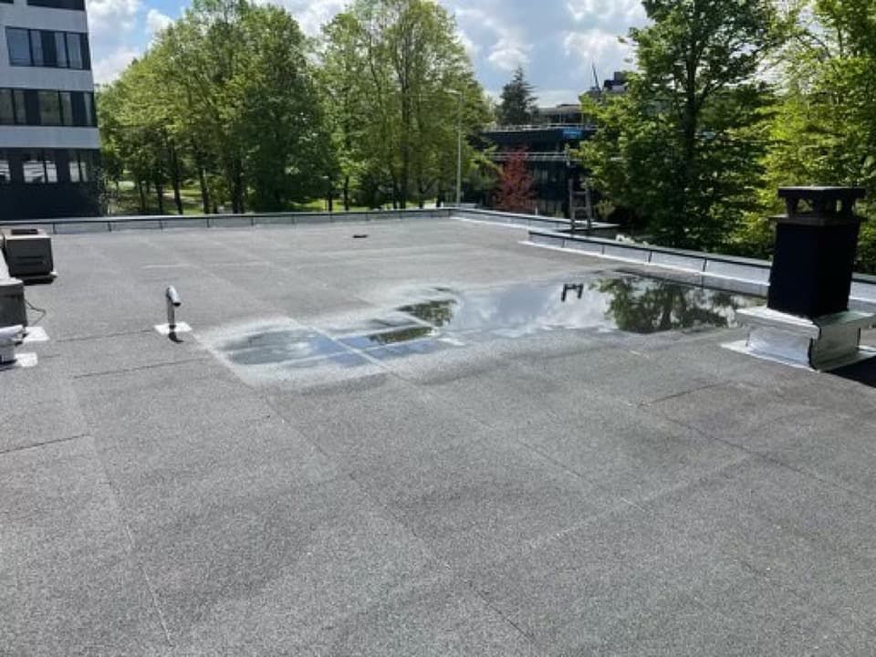 Toit plat avec eau stagnante, bâtiment en arrière-plan, arbres et ciel visibles.