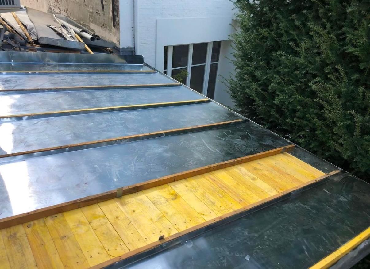 Toit avec panneaux de verre, charpente en bois et végétation verte visible.