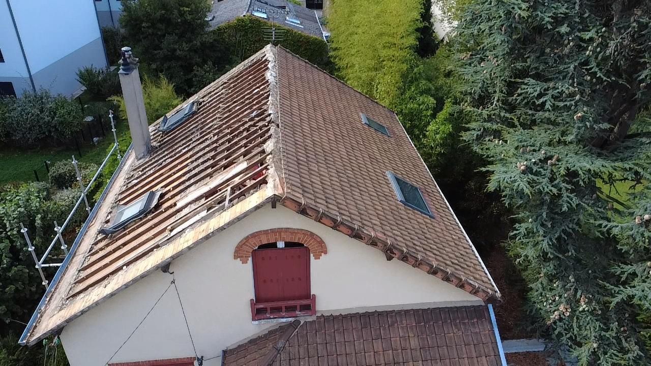 Vue aérienne d'une maison avec un toit de tuiles, une cheminée et des lucarnes, entourée d'arbres.