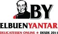 Logotipo para la tienda de delicatessen en l&iacute;nea El Buen Yantar, con ilustraci&oacute;n de un chef en negro y rojo