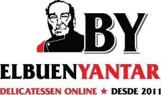 Logotipo para la tienda de delicatessen en línea El Buen Yantar, con ilustración de un chef en negro y rojo