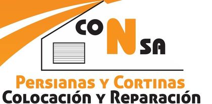 Logotipo para una empresa de instalación y reparación de persianas y cortinas. El logotipo incluye la palabra CONSa, el dibujo de una ventana y texto en español.