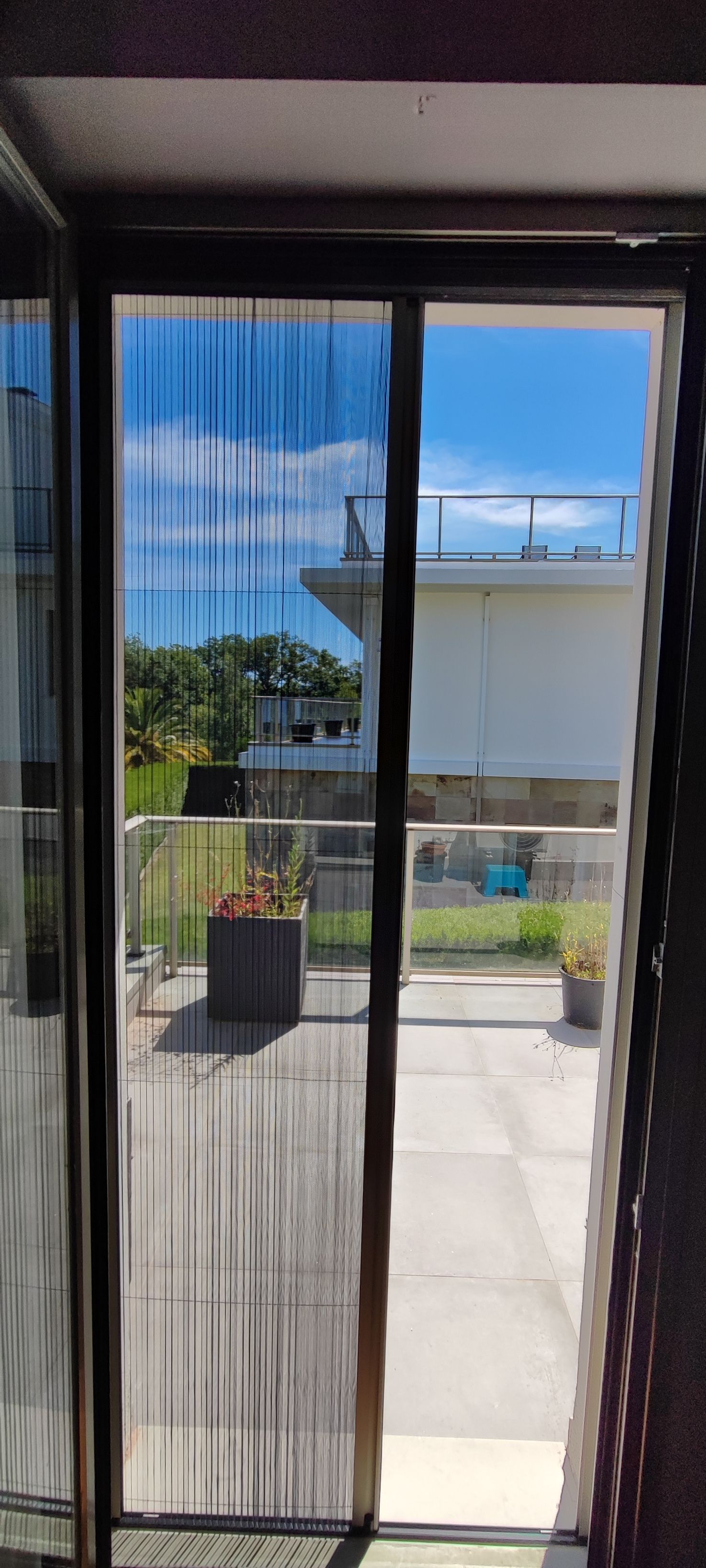 Vista a través de una puerta mosquitera hacia un patio con plantas en macetas, césped y un edificio blanco contra un cielo azul brillante.