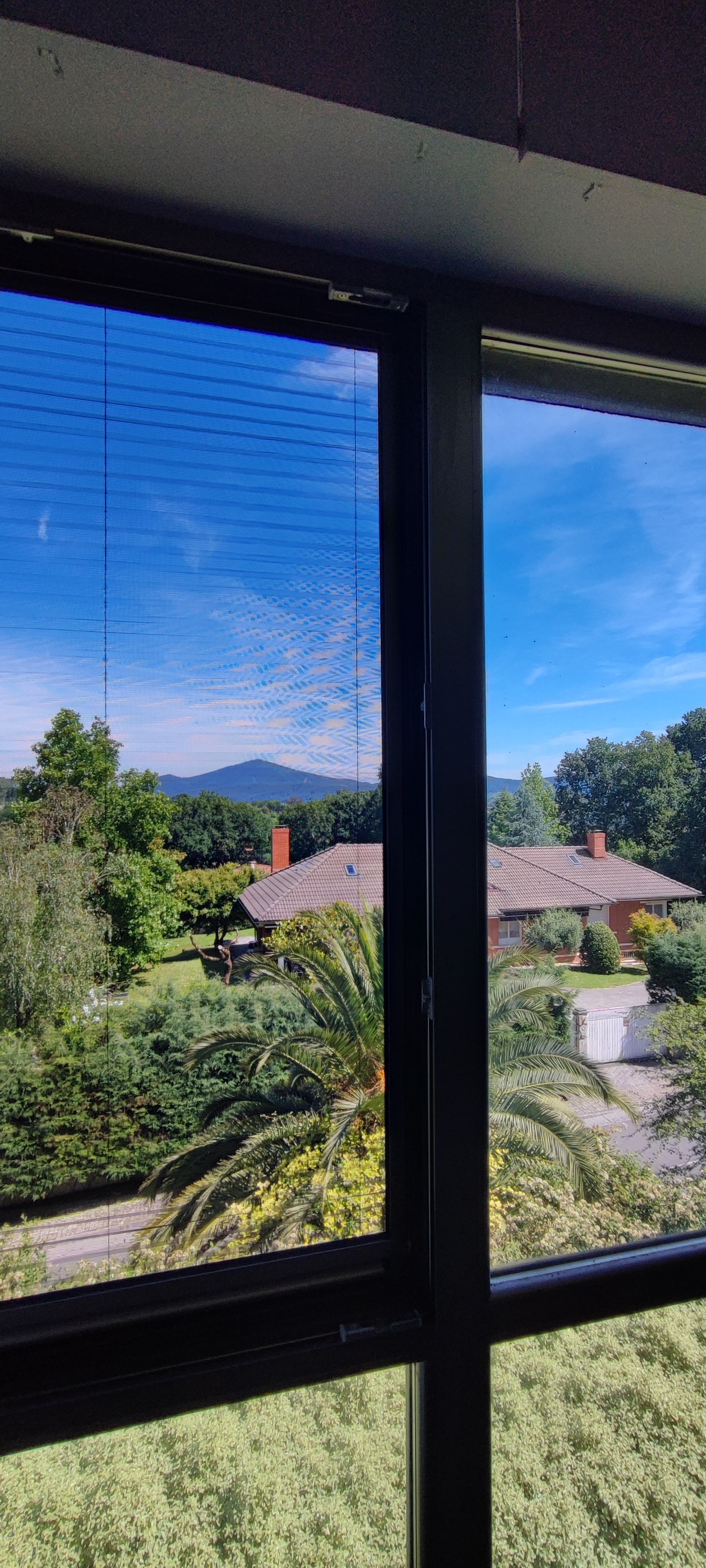 Vista a través de una ventana de una casa con techo rojo, árboles y una montaña bajo un cielo azul.