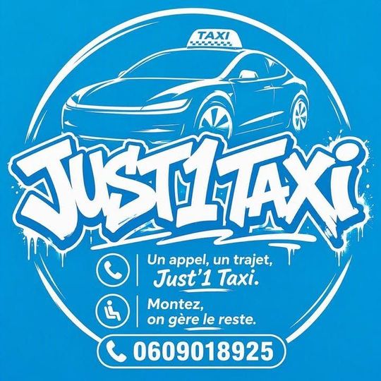 Publicité pour un taxi bleu avec logo stylisé : Just1Taxi