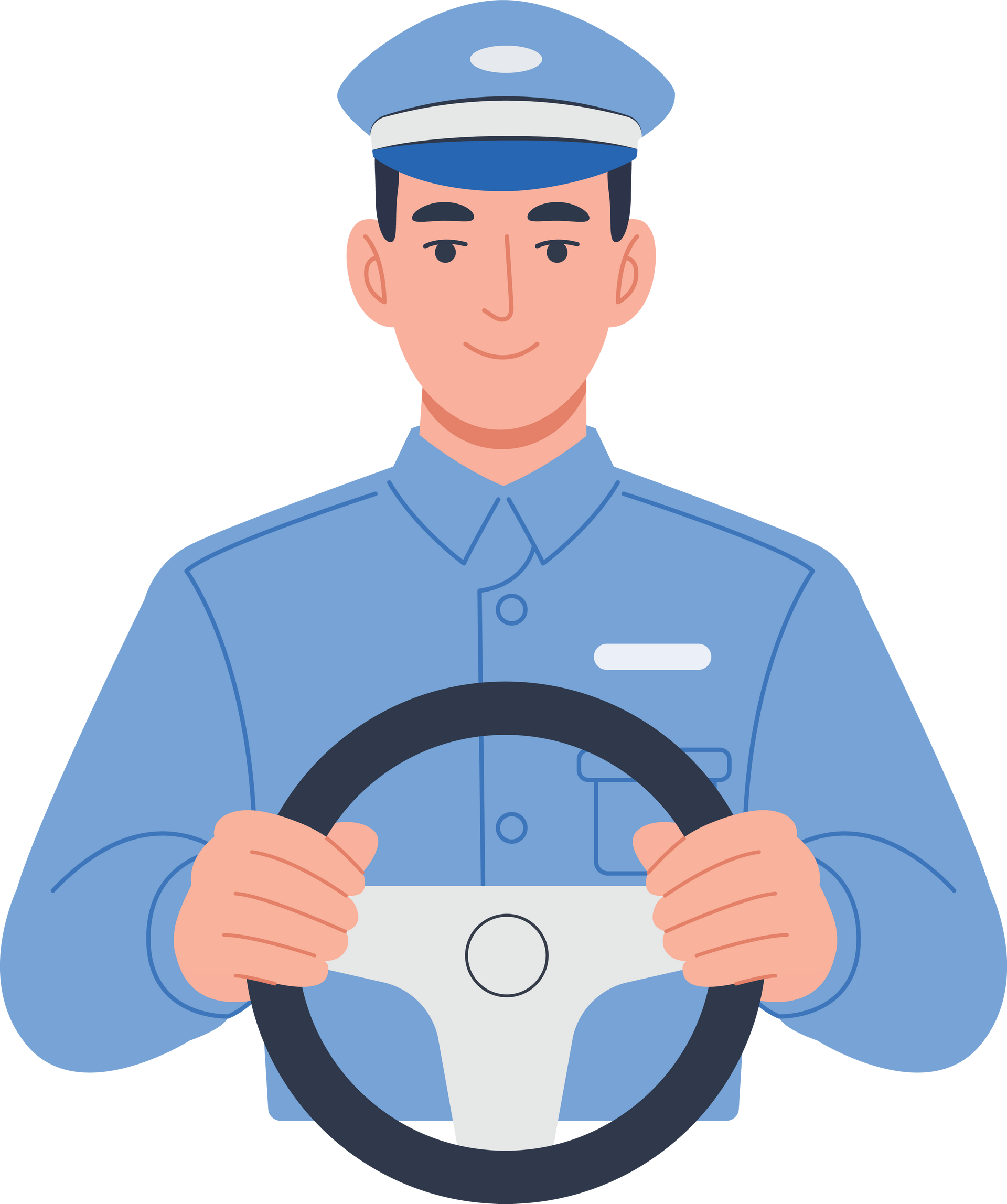 Un chauffeur de bus souriant, vêtu d'un uniforme bleu, tient le volant.