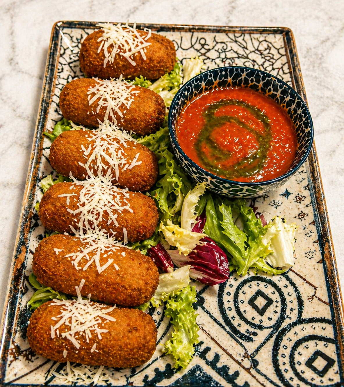 Croquetas en un plato blanco con salsas para mojar y guarnición.
