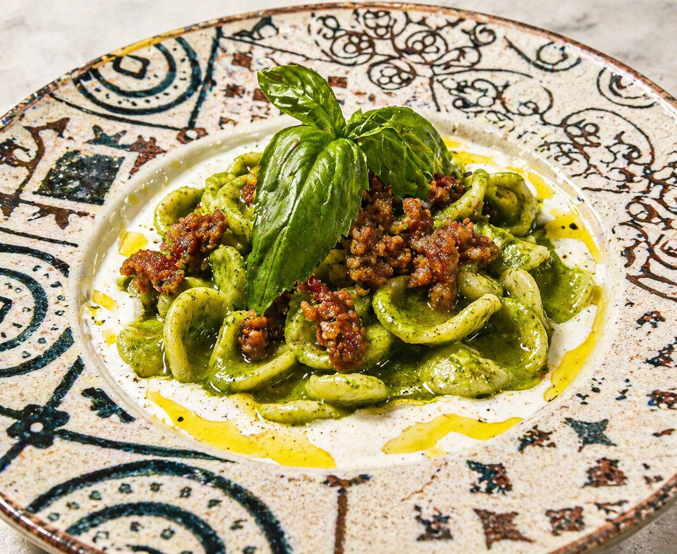 Pasta en salsa de pesto y carne.