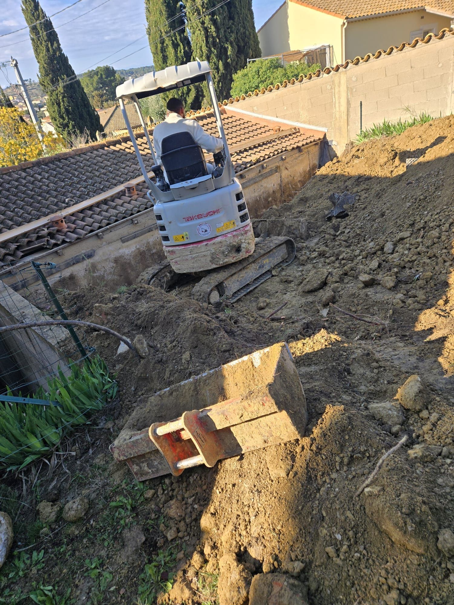 Un taille-haie repose sur une haie de jardin soigneusement taillée, avec une brouette.