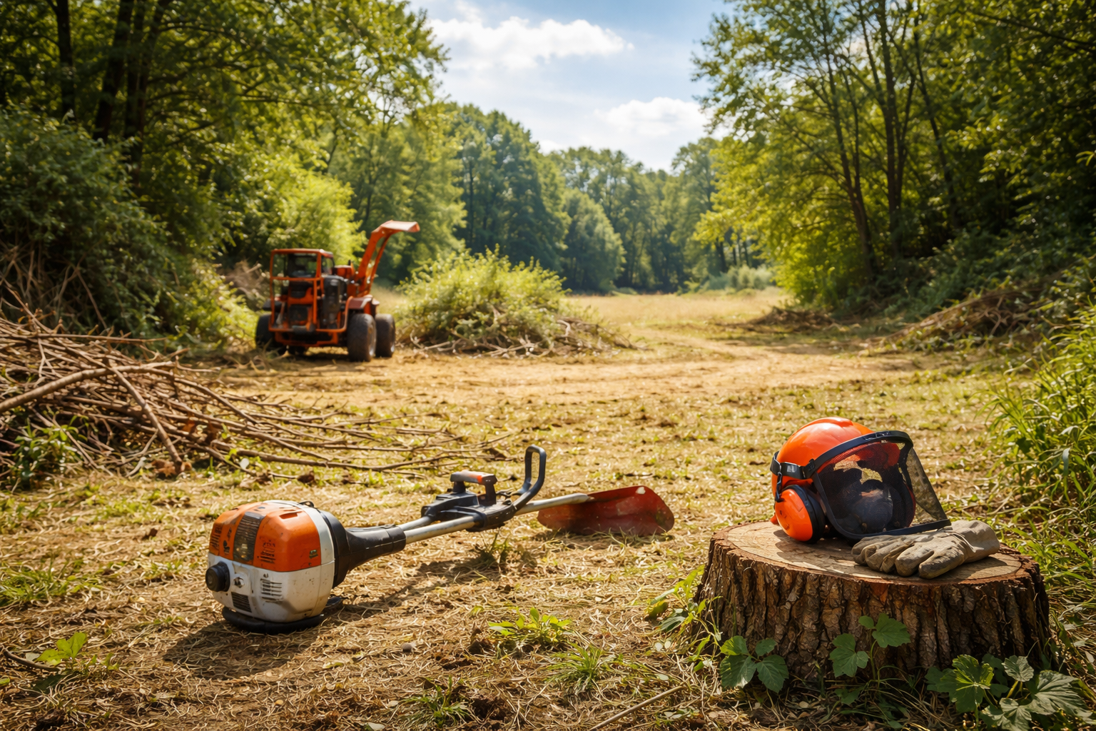 Un taille-haie repose sur une haie de jardin soigneusement taillée, avec une brouette.