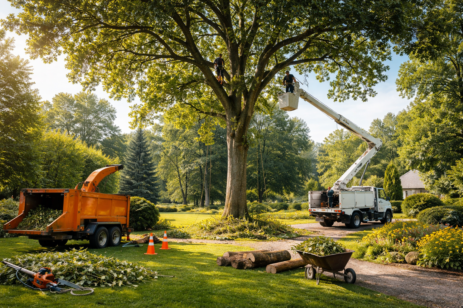Un taille-haie repose sur une haie de jardin soigneusement taillée, avec une brouette.