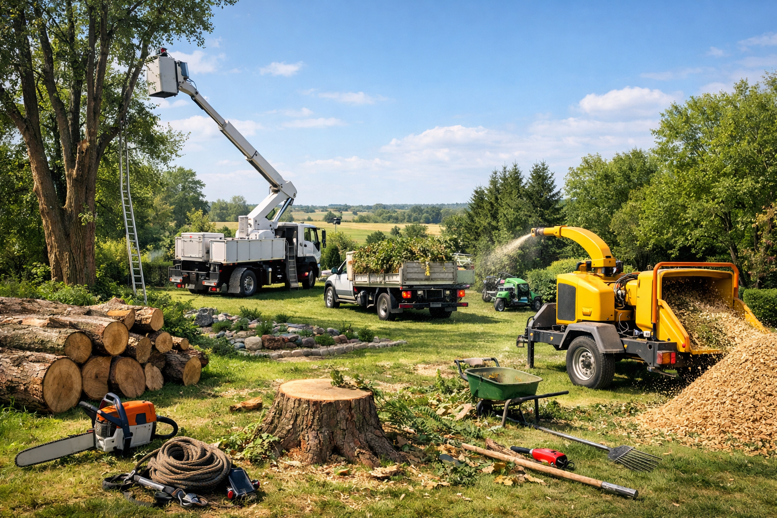 Un taille-haie repose sur une haie de jardin soigneusement taillée, avec une brouette.