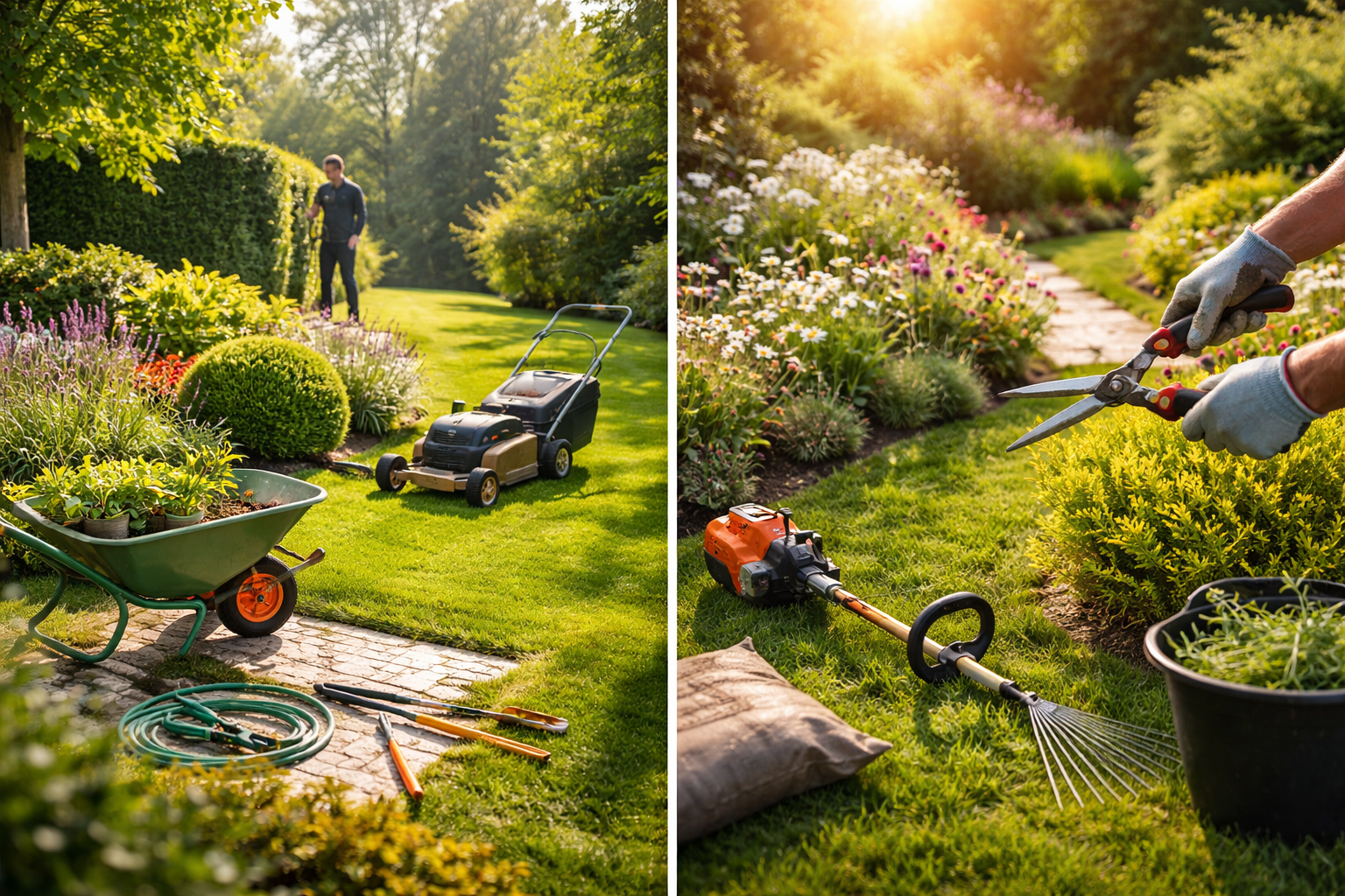 Image divisée en deux parties montrant du jardinage : à gauche, une personne tond une pelouse et utilise des outils .