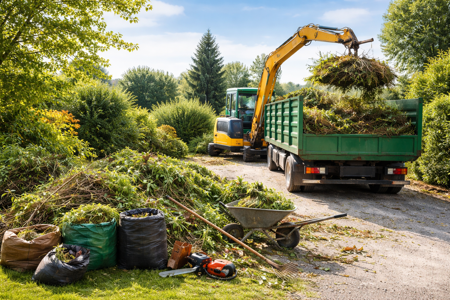Un taille-haie repose sur une haie de jardin soigneusement taillée, avec une brouette.