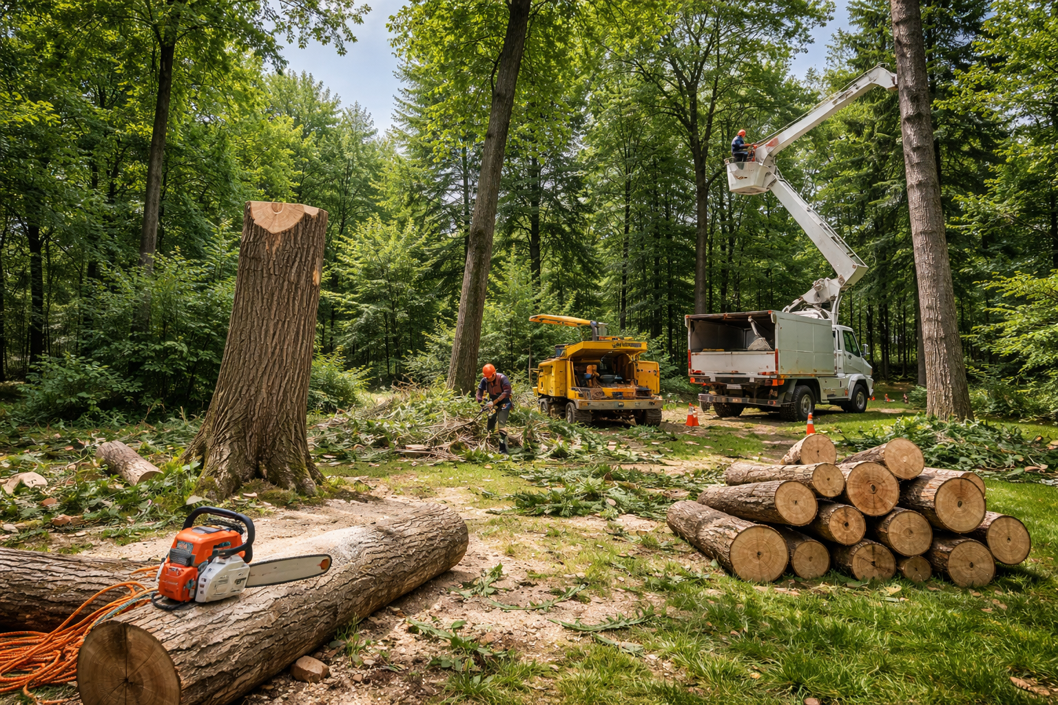 Un taille-haie repose sur une haie de jardin soigneusement taillée, avec une brouette.