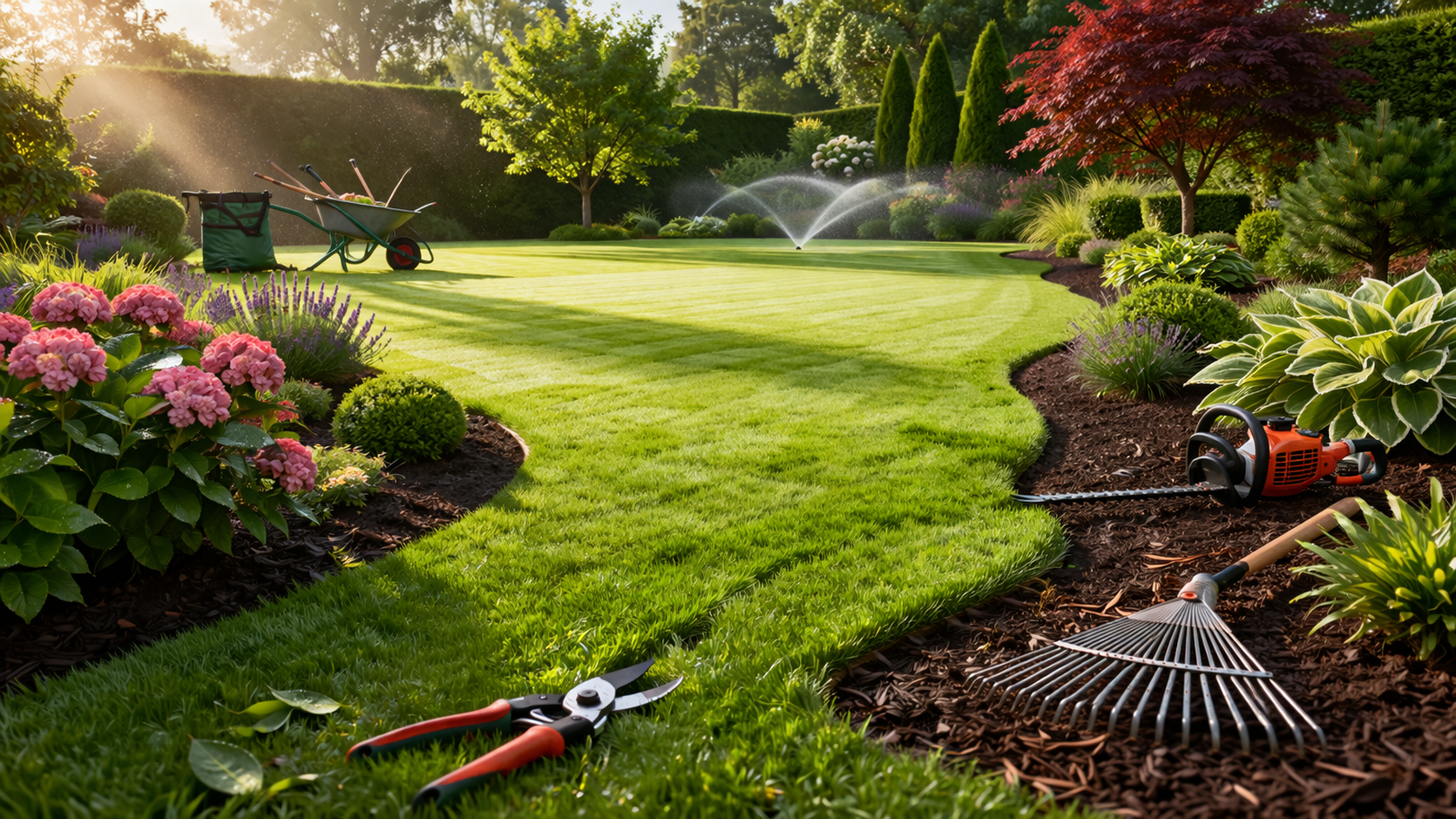 Un taille-haie repose sur une haie de jardin soigneusement taillée, avec une brouette.