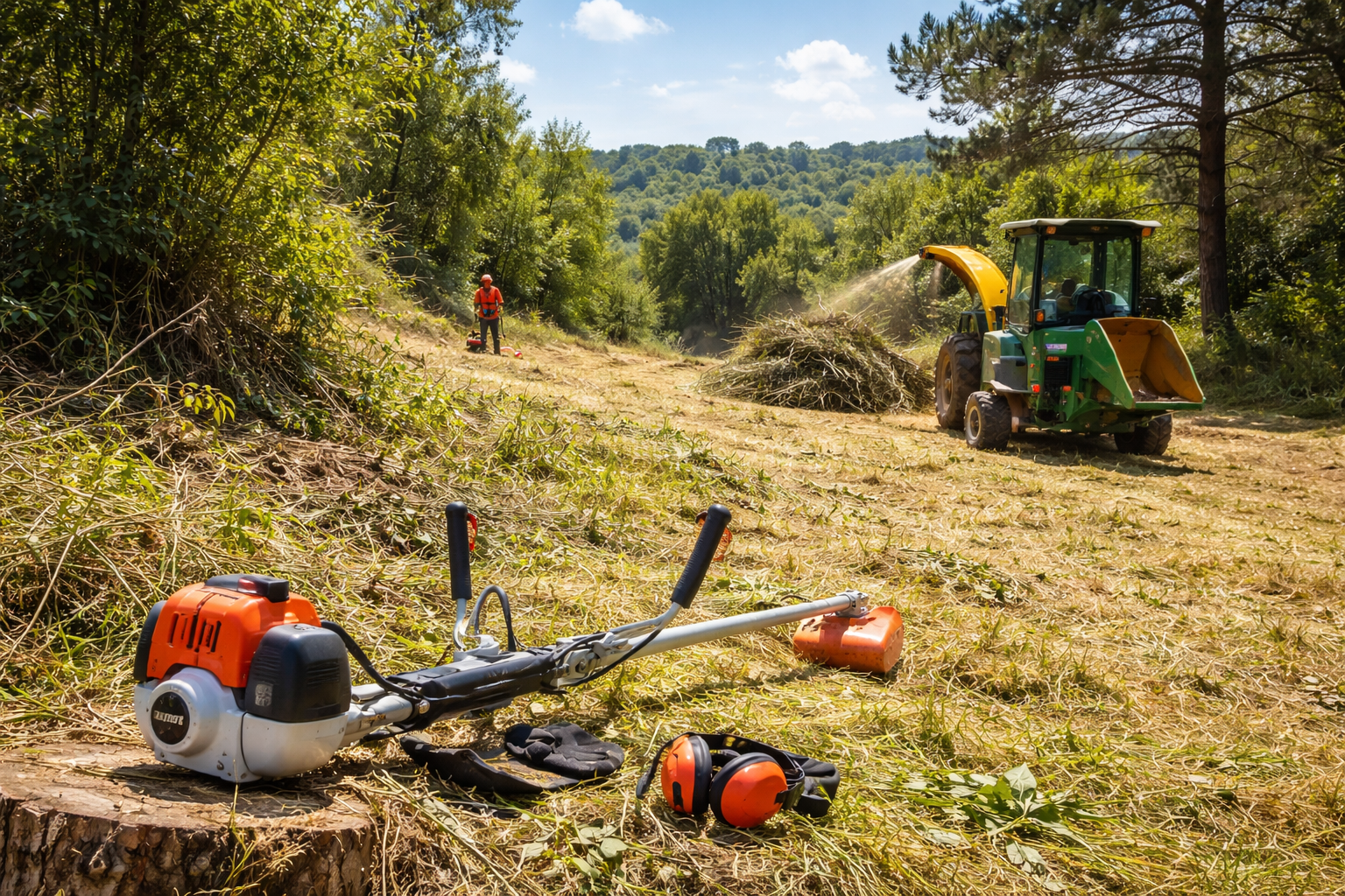 Un taille-haie repose sur une haie de jardin soigneusement taillée, avec une brouette.