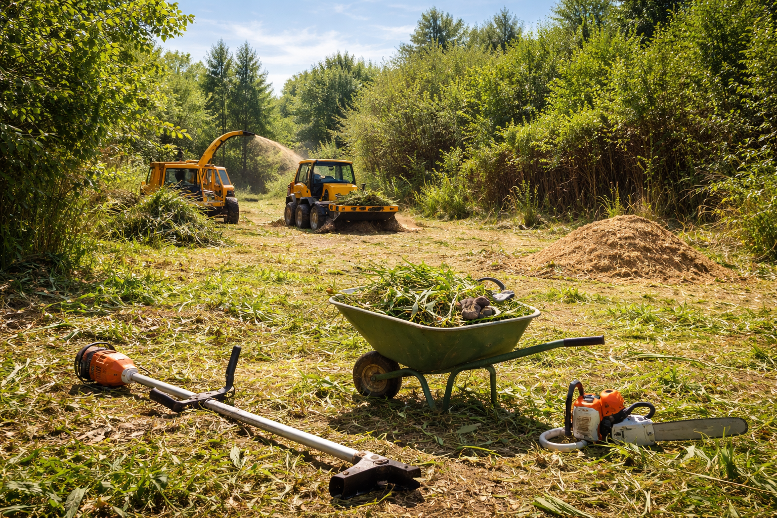 Un taille-haie repose sur une haie de jardin soigneusement taillée, avec une brouette.