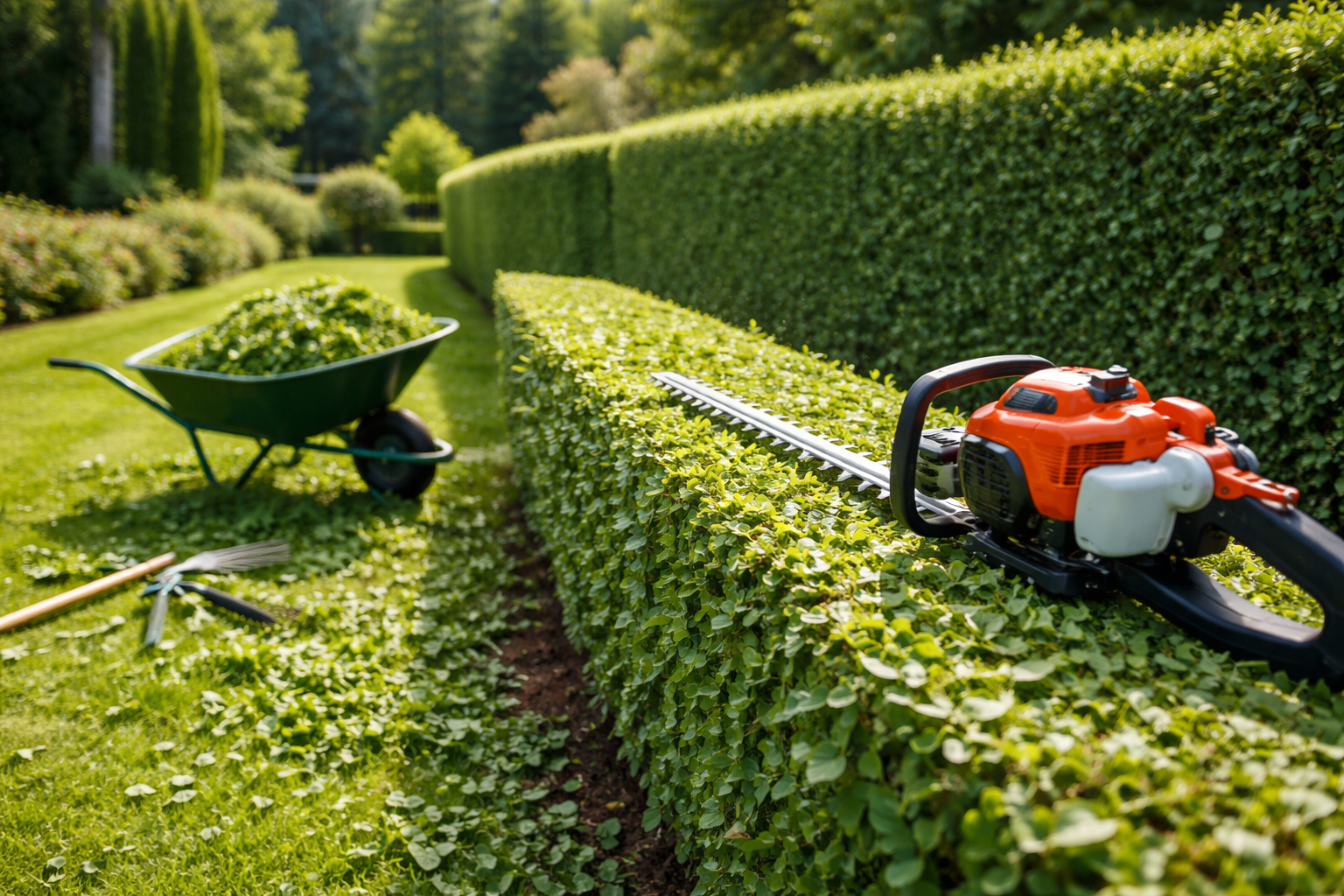 Un taille-haie repose sur une haie de jardin soigneusement taillée, avec une brouette.
