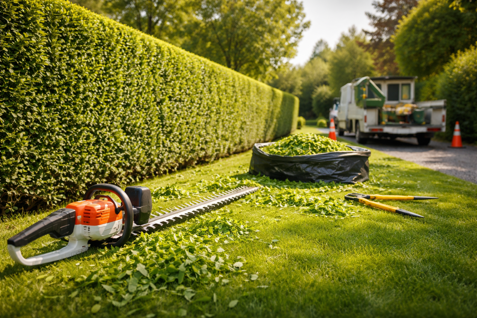 Taille-haie sur une pelouse à côté d'une haie, déchets de taille dans un sac noir et un camion utilitaire en arrière-plan.