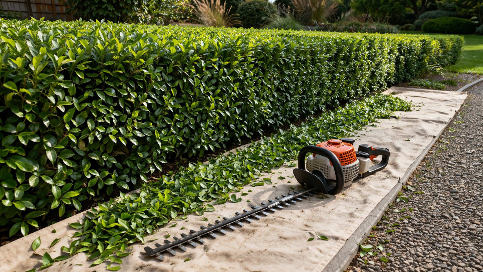 Un taille-haie repose sur un chemin de gravier, à côté d'une haie d'un vert éclatant fraîchement taillée.