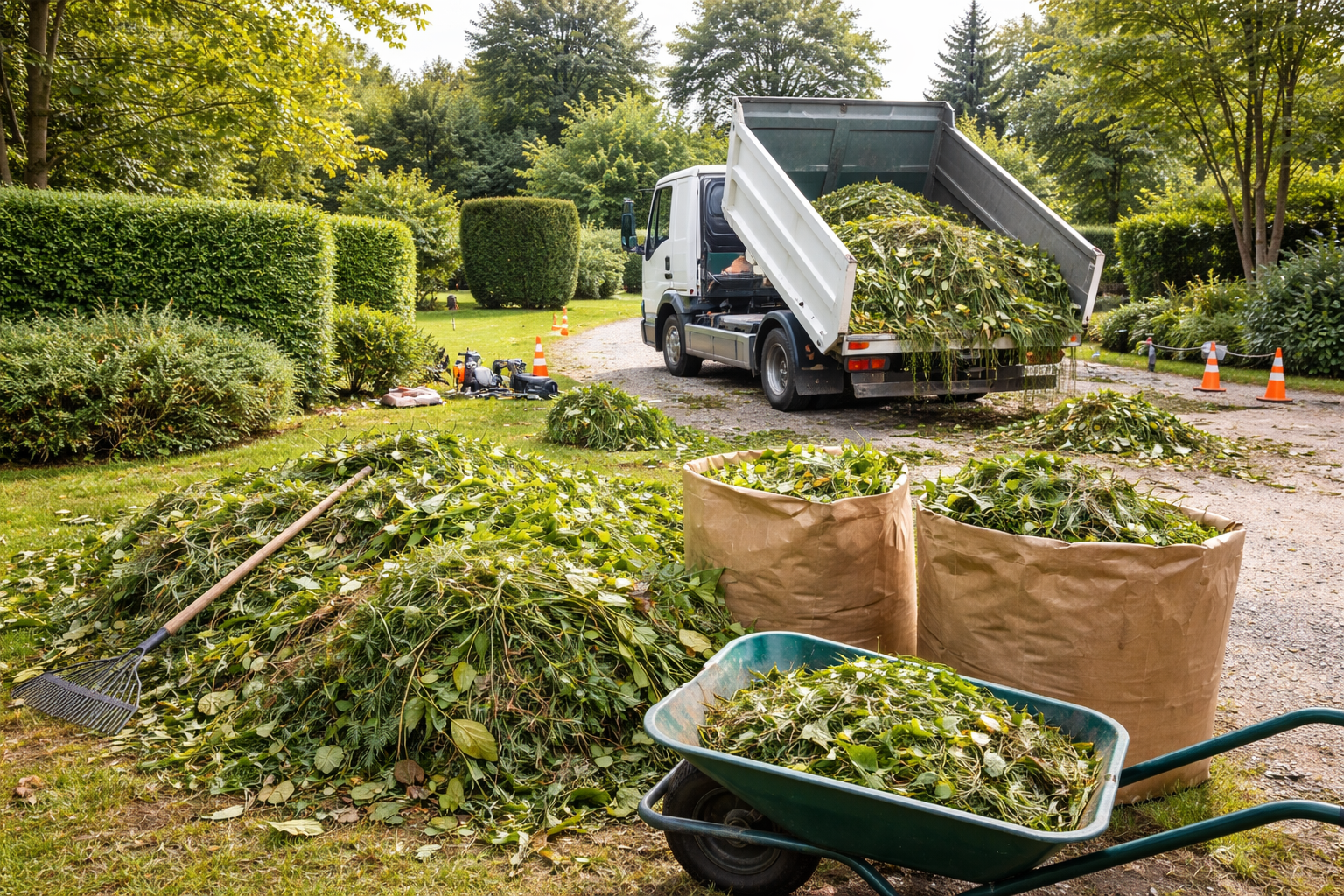 Un taille-haie repose sur une haie de jardin soigneusement taillée, avec une brouette.