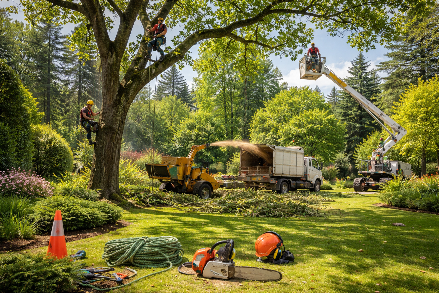 Un taille-haie repose sur une haie de jardin soigneusement taillée, avec une brouette.