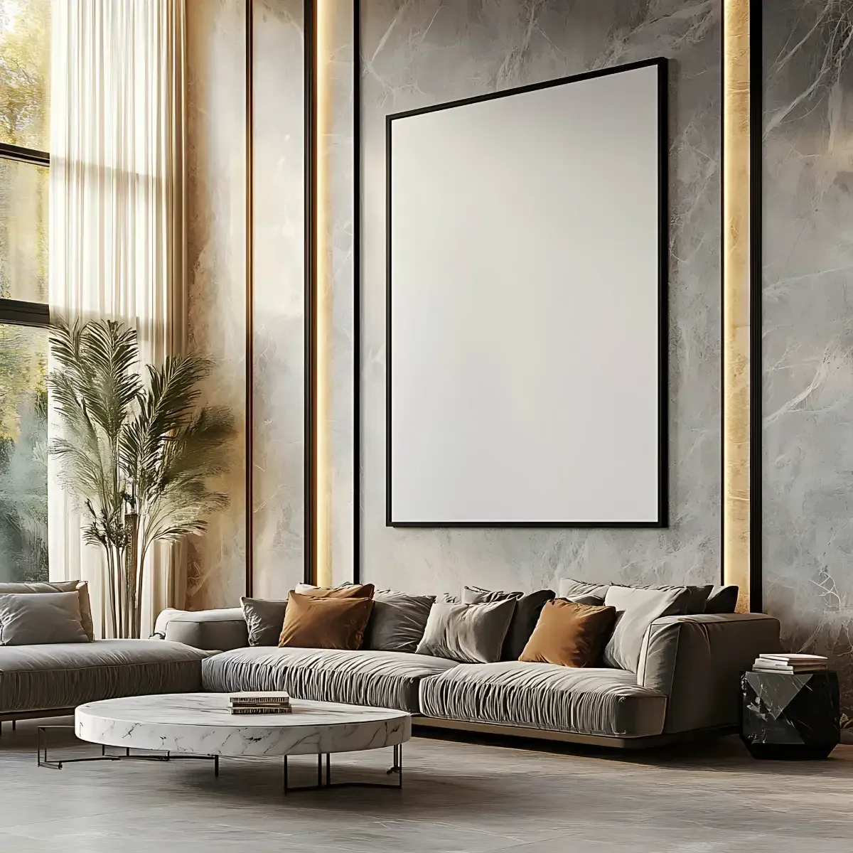 Una sala de estar con un sofá, una silla, una mesa de café y un cuadro grande en la pared.