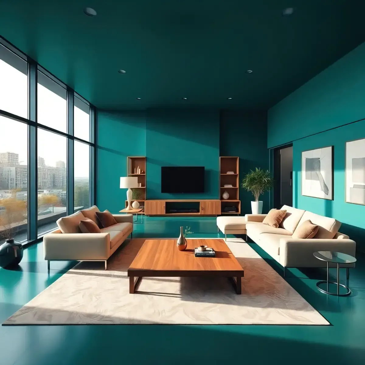 Una sala de estar con sofá, mesa de café y televisión.