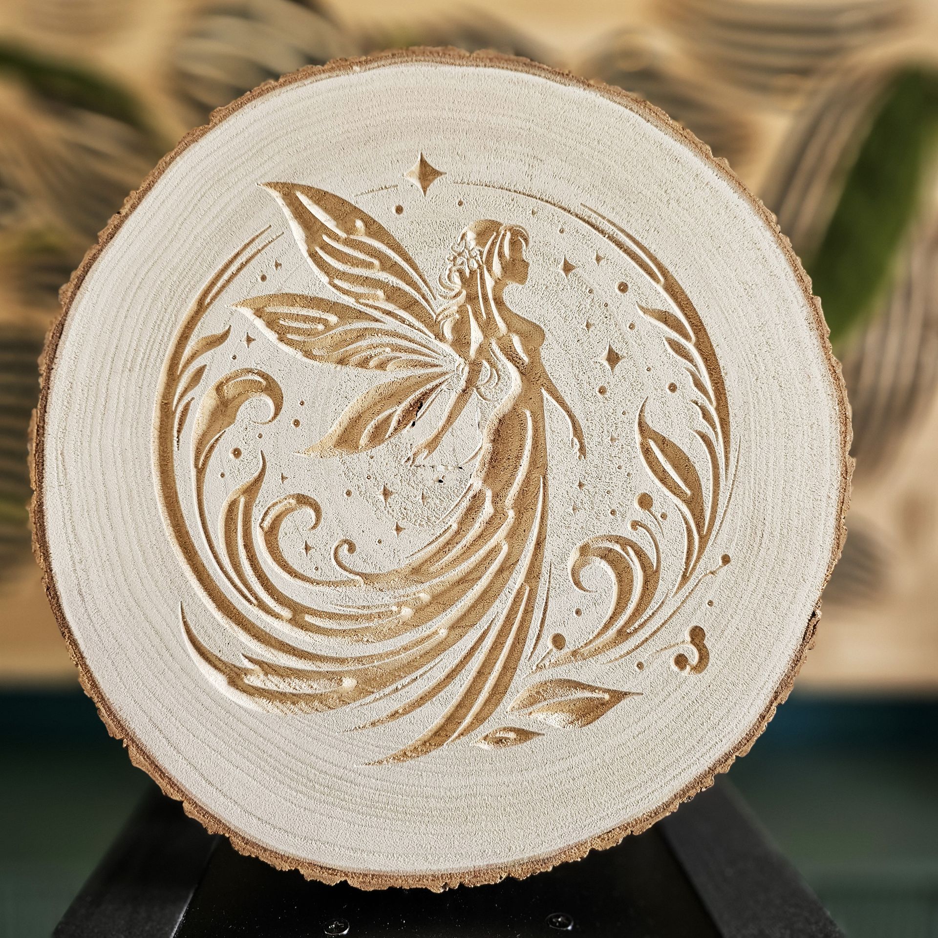 Un rondin de bois sur lequel est gravée une fée