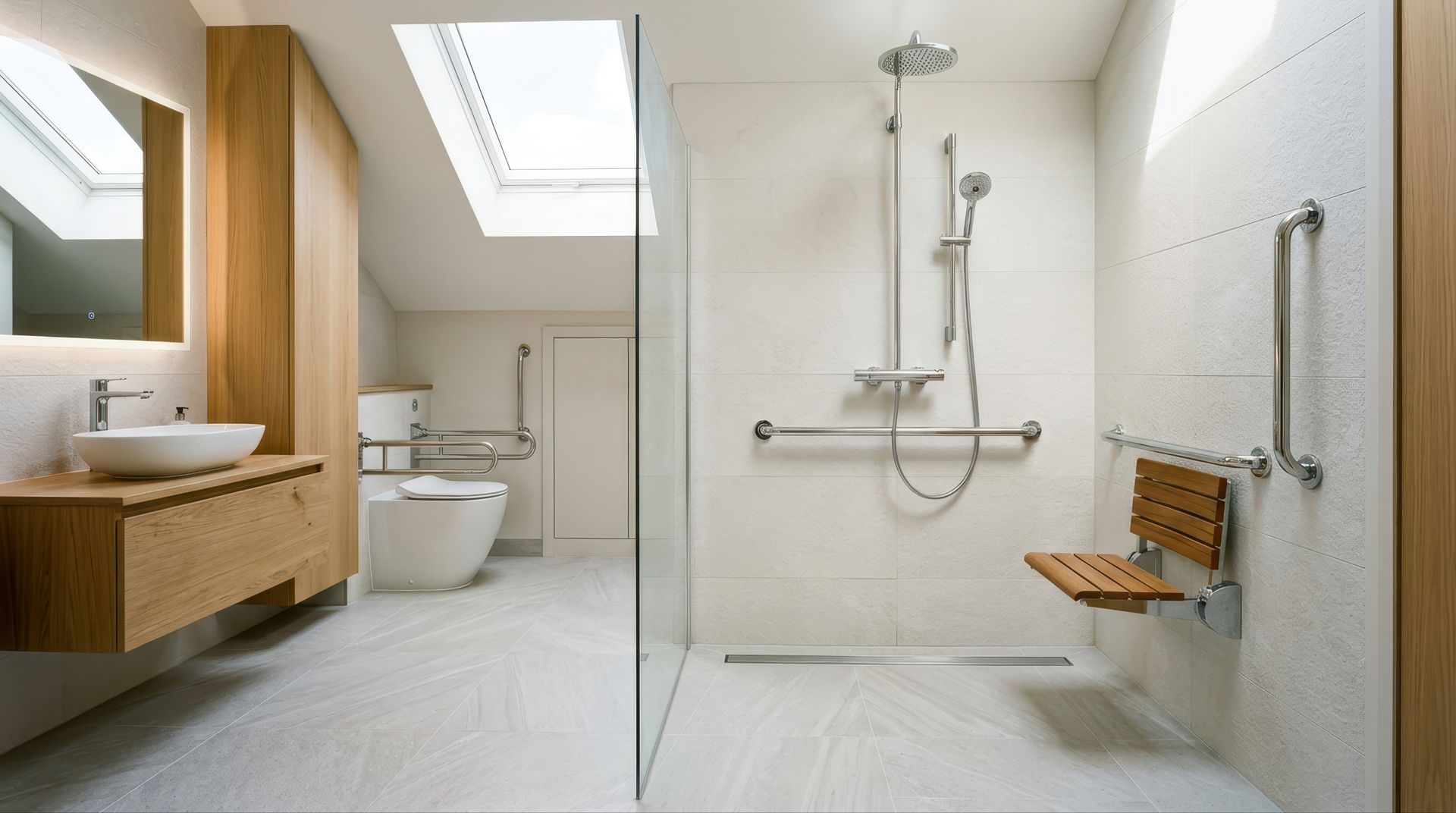 Salle de bain moderne et accessible PMR avec douche à l'italienne, lavabo mural, toilettes et éléments en bois.
