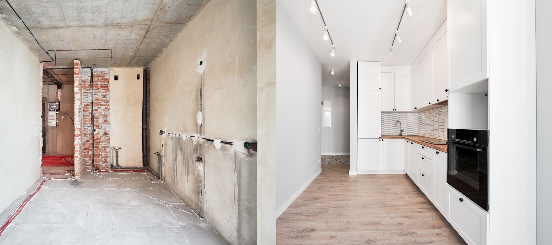 Avant et après la rénovation d'une pièce étroite transformée en cuisine : murs apparents non finis jouxtant un couloir menant à une cuisine moderne et lumineuse.