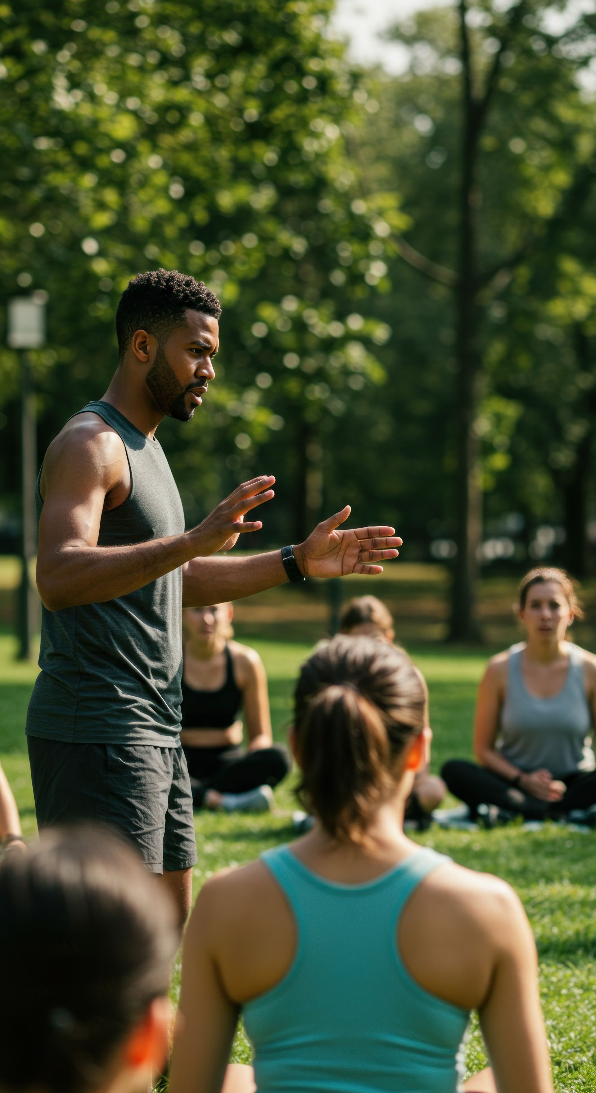 Un homme donnant des conseils lors d'un cours de sport collectif en extérieur